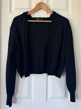 Aster Black Cropped Hooded Open Front Cardigan Sweater Size L